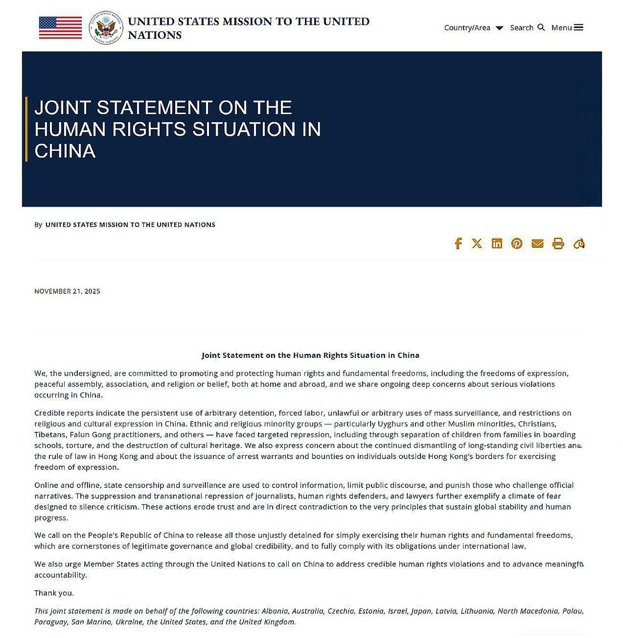 Image for article Спільна заява 15 країн-членів ООН висловлює протест проти порушень прав людини компартією Китаю