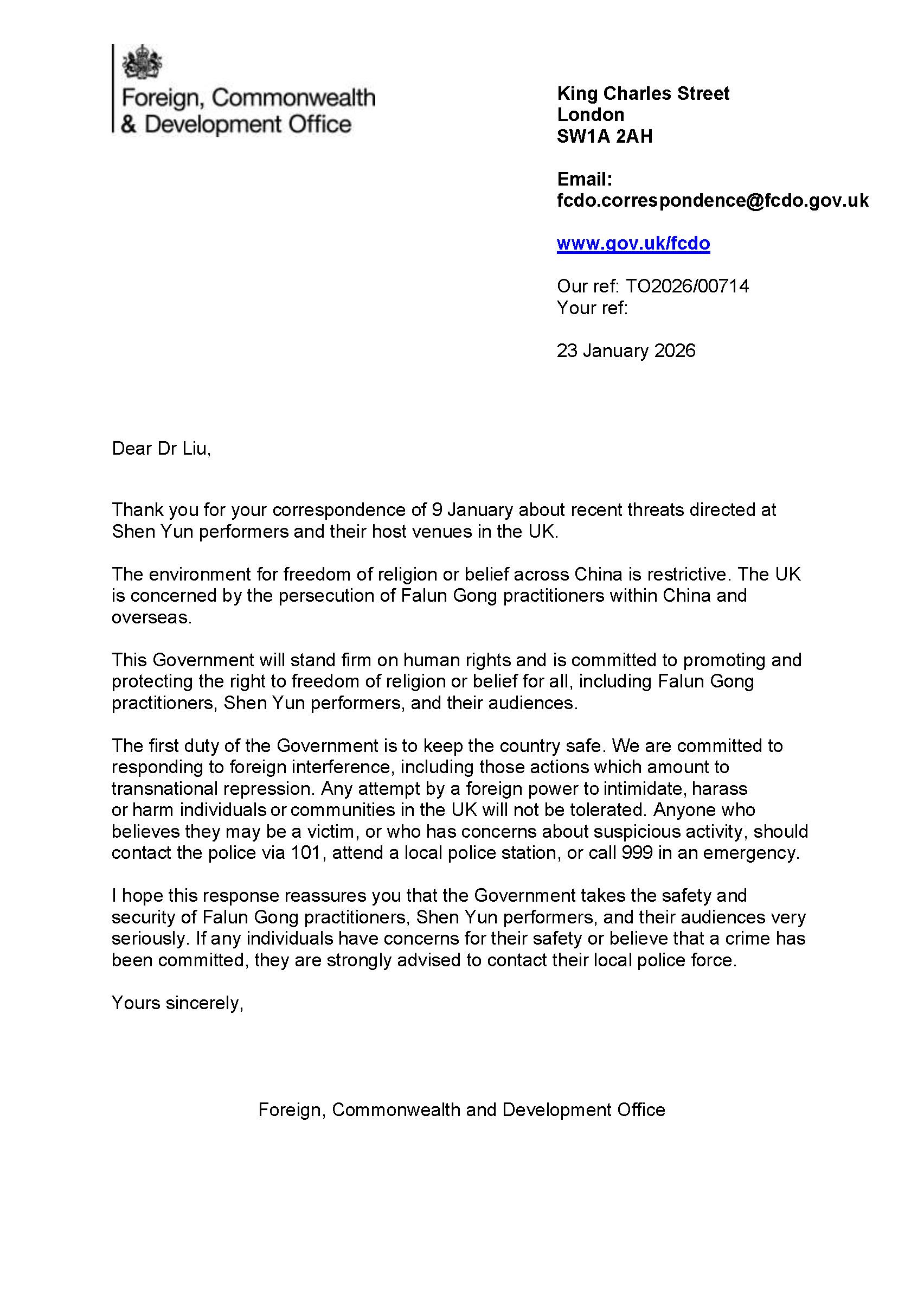 Image for article Уряд Великої Британії відреагував на погрози на адресу Shen Yun: «Ми не будемо терпіти транснаціональні репресії»